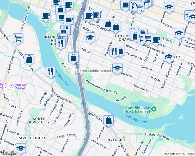 map of restaurants, bars, coffee shops, grocery stores, and more near in Austin