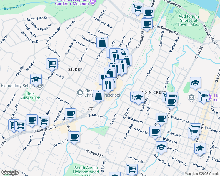 map of restaurants, bars, coffee shops, grocery stores, and more near 1342 Lamar Square Drive in Austin