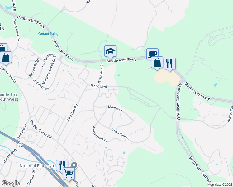 map of restaurants, bars, coffee shops, grocery stores, and more near 7701 Rialto Boulevard in Austin