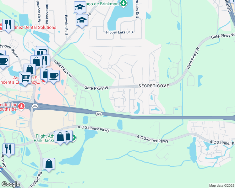 map of restaurants, bars, coffee shops, grocery stores, and more near 8290 Gate Parkway West in Jacksonville