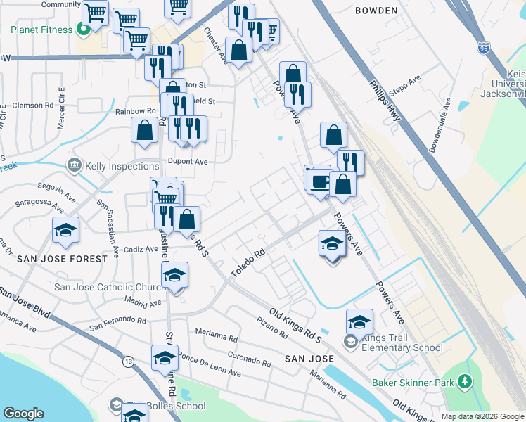 map of restaurants, bars, coffee shops, grocery stores, and more near 6550 Mission Court in Jacksonville