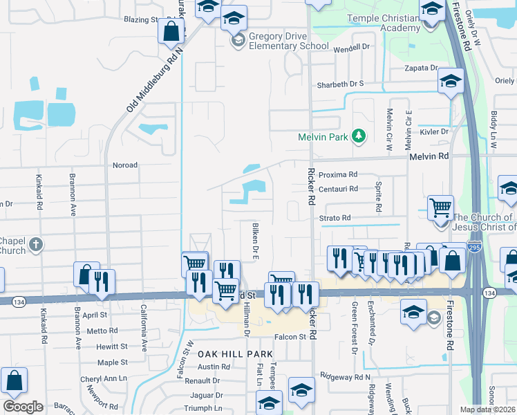 map of restaurants, bars, coffee shops, grocery stores, and more near 7781 Highchair Lane in Jacksonville