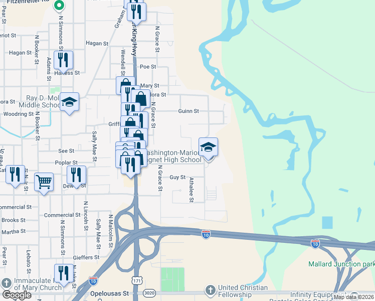 map of restaurants, bars, coffee shops, grocery stores, and more near 1120 Althalee St in Lake Charles