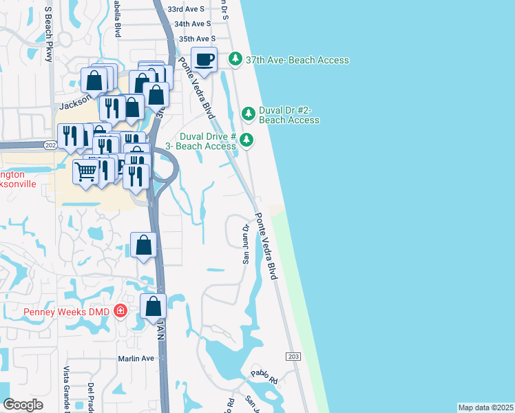 map of restaurants, bars, coffee shops, grocery stores, and more near 47 Ponte Vedra Boulevard in Ponte Vedra Beach