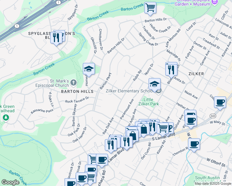 map of restaurants, bars, coffee shops, grocery stores, and more near 2306 Fortune Drive in Austin