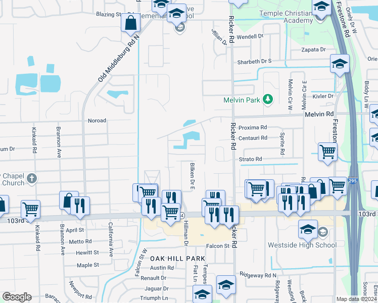 map of restaurants, bars, coffee shops, grocery stores, and more near 7795 Playschool Lane in Jacksonville