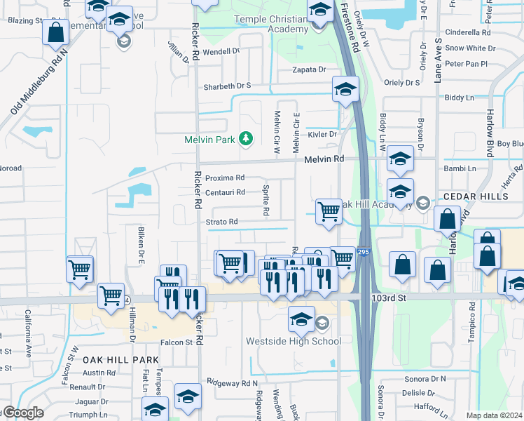 map of restaurants, bars, coffee shops, grocery stores, and more near 7408 Canaveral Road in Jacksonville