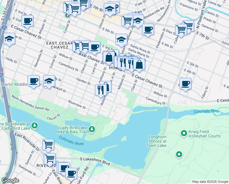 map of restaurants, bars, coffee shops, grocery stores, and more near 2225 Canterbury Street in Austin