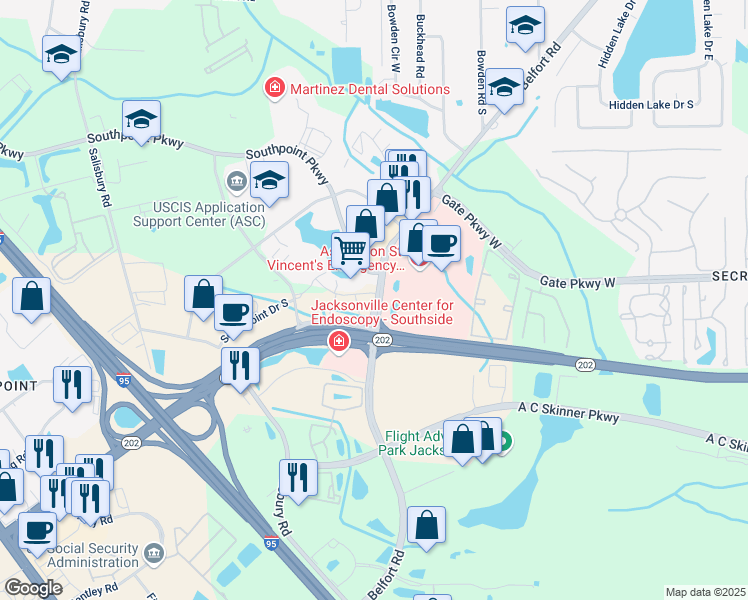 map of restaurants, bars, coffee shops, grocery stores, and more near 4190 Belfort Road in Jacksonville