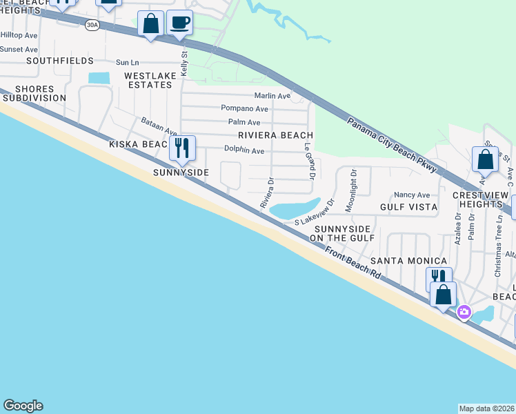 map of restaurants, bars, coffee shops, grocery stores, and more near 125 Riviera Drive in Panama City Beach