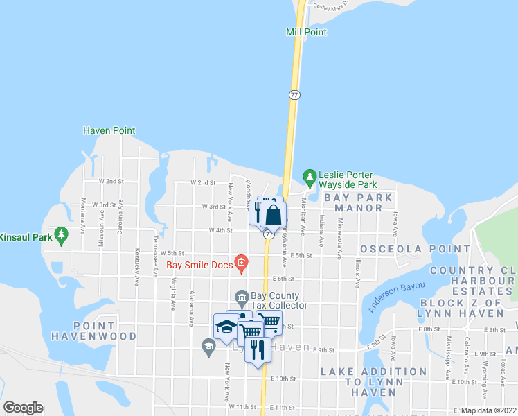 map of restaurants, bars, coffee shops, grocery stores, and more near 103 West 3rd Street in Lynn Haven