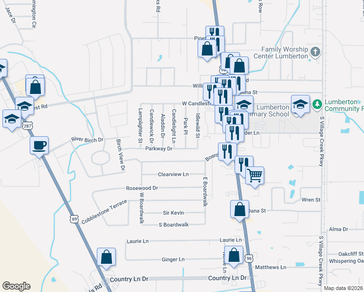 map of restaurants, bars, coffee shops, grocery stores, and more near 155 Park Place in Lumberton