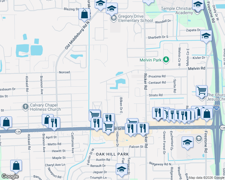 map of restaurants, bars, coffee shops, grocery stores, and more near 4727 Playpen Drive in Jacksonville