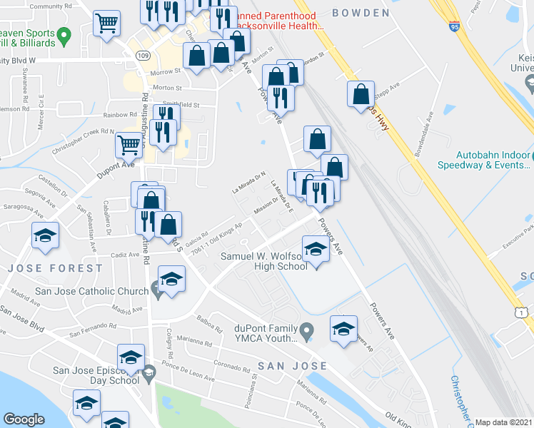 map of restaurants, bars, coffee shops, grocery stores, and more near 6616 La Mirada Drive East in Jacksonville