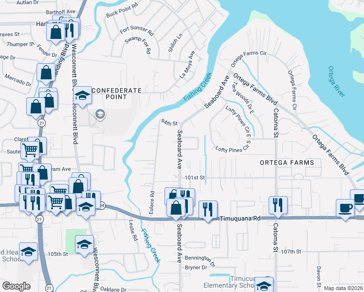 map of restaurants, bars, coffee shops, grocery stores, and more near 5656 Kimbrell Drive North in Jacksonville