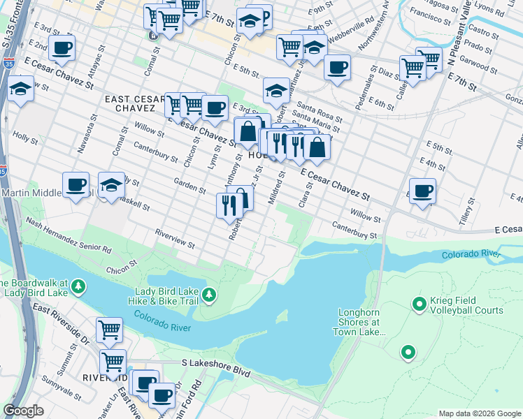 map of restaurants, bars, coffee shops, grocery stores, and more near 2225 Canterbury Street in Austin
