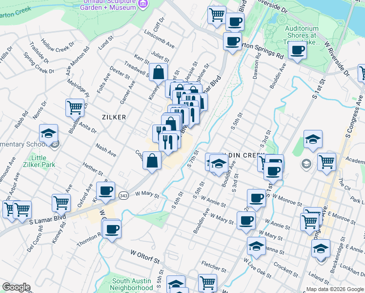 map of restaurants, bars, coffee shops, grocery stores, and more near 1311 South Lamar Boulevard in Austin