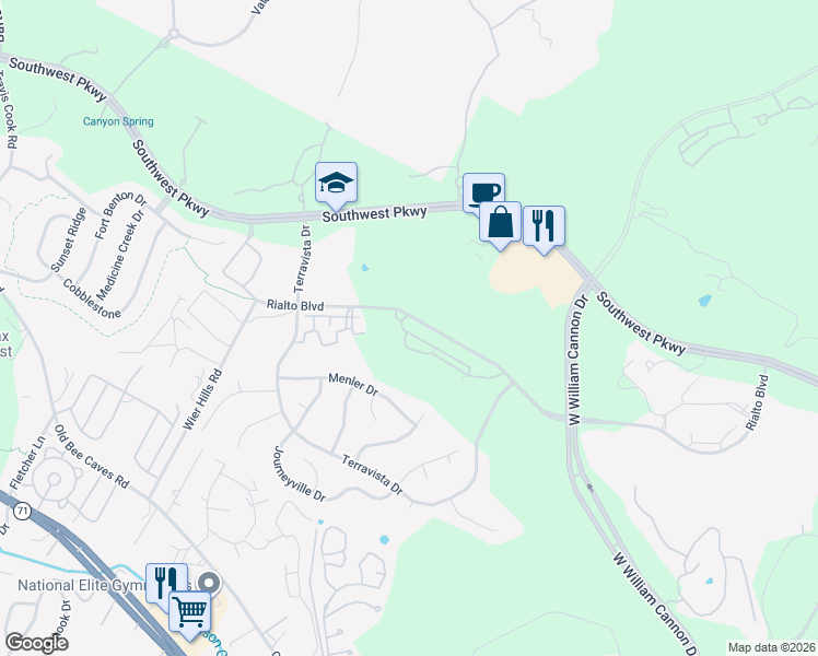 map of restaurants, bars, coffee shops, grocery stores, and more near 7601 Rialto Boulevard in Austin