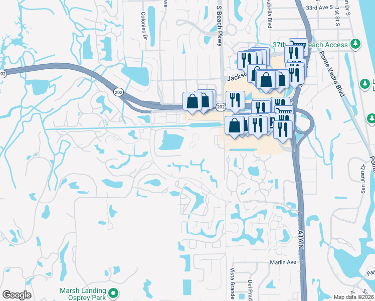 map of restaurants, bars, coffee shops, grocery stores, and more near 4300 South Beach Parkway in Jacksonville Beach