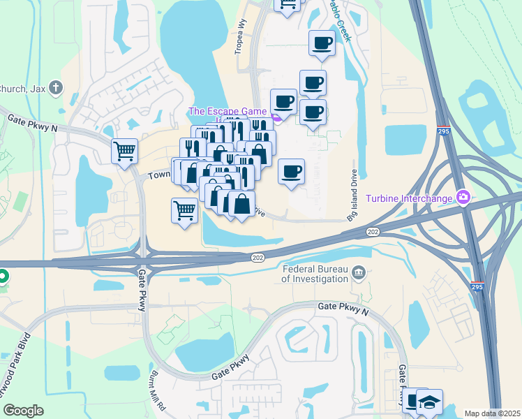 map of restaurants, bars, coffee shops, grocery stores, and more near 5000 Big Island Drive in Jacksonville