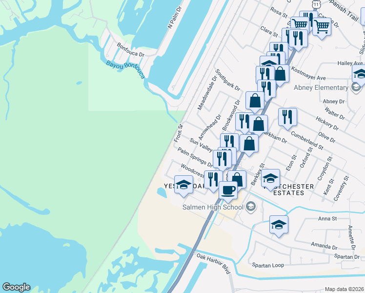 map of restaurants, bars, coffee shops, grocery stores, and more near 135 Sun Valley Drive in Slidell
