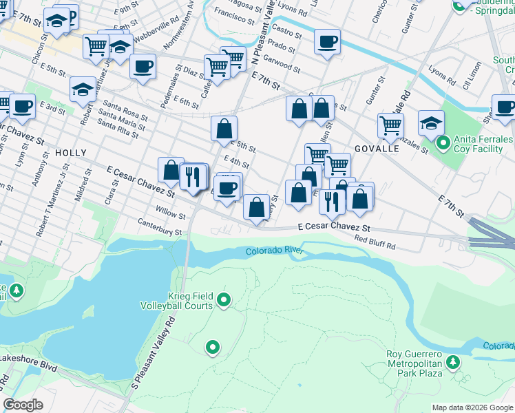 map of restaurants, bars, coffee shops, grocery stores, and more near 300 East 3rd Street in Austin