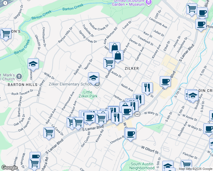 map of restaurants, bars, coffee shops, grocery stores, and more near 2001 Ford Street in Austin
