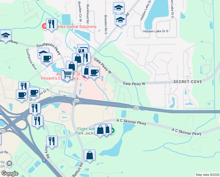 map of restaurants, bars, coffee shops, grocery stores, and more near 8074 Gate Parkway West in Jacksonville