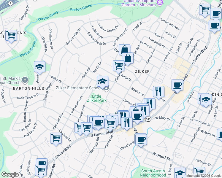 map of restaurants, bars, coffee shops, grocery stores, and more near Bluebonnet Lane in Austin