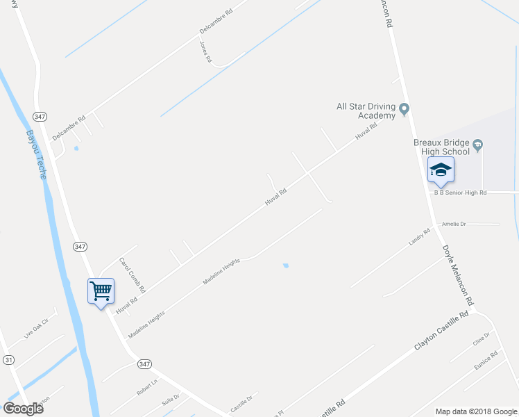 map of restaurants, bars, coffee shops, grocery stores, and more near 1104 Huval Road in Breaux Bridge