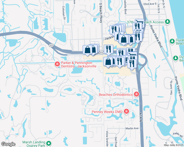 map of restaurants, bars, coffee shops, grocery stores, and more near 4300 South Beach Parkway in Jacksonville Beach