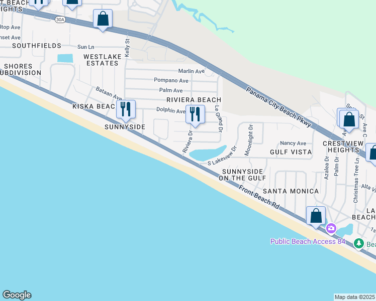 map of restaurants, bars, coffee shops, grocery stores, and more near 116 Riviera Drive in Panama City Beach