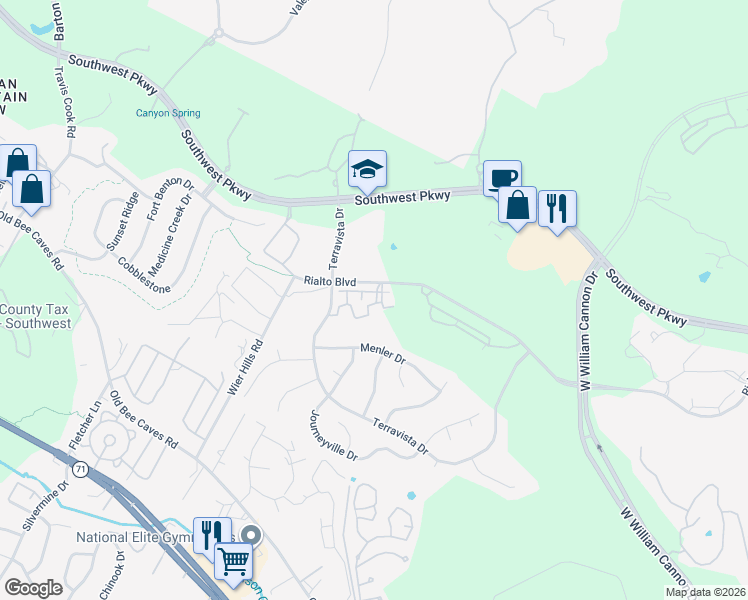 map of restaurants, bars, coffee shops, grocery stores, and more near 7701 Rialto Boulevard in Austin