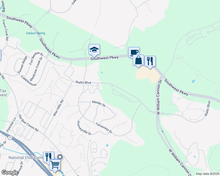 map of restaurants, bars, coffee shops, grocery stores, and more near 7601 Rialto Boulevard in Austin