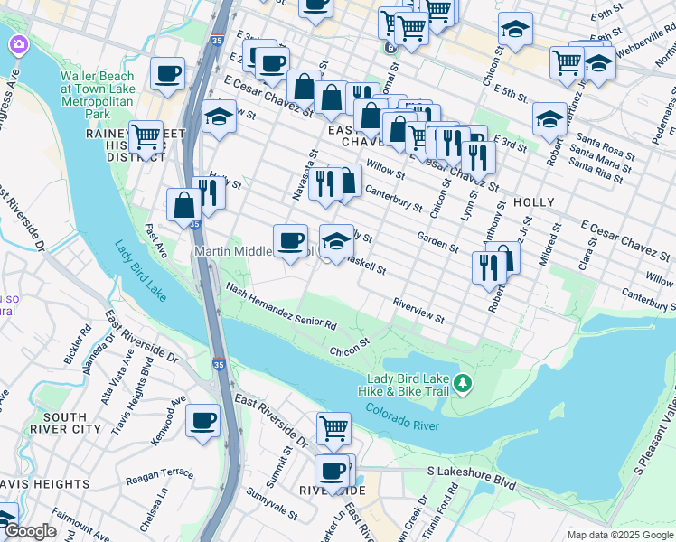 map of restaurants, bars, coffee shops, grocery stores, and more near 1601 Haskell Street in Austin