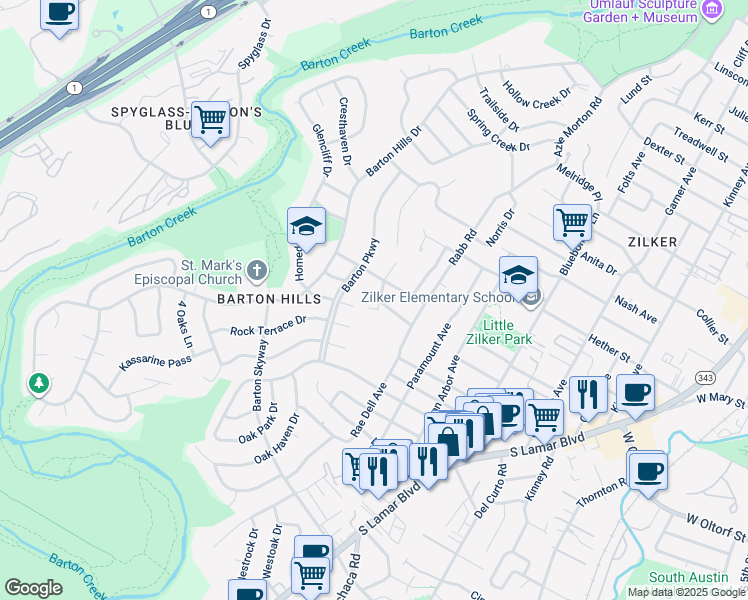 map of restaurants, bars, coffee shops, grocery stores, and more near 2106 Airole Way in Austin
