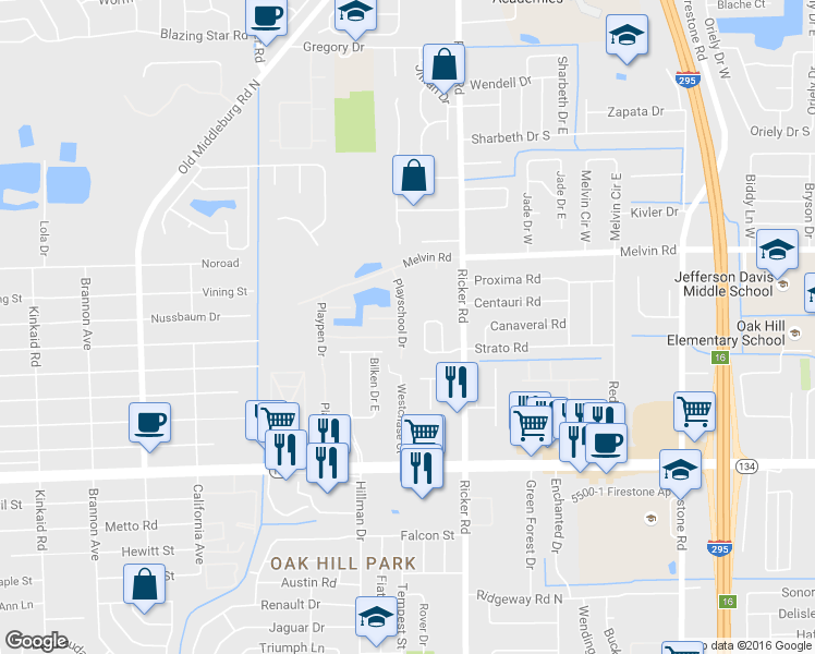 map of restaurants, bars, coffee shops, grocery stores, and more near 4713 Playschool Drive in Jacksonville
