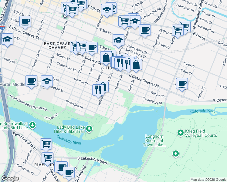 map of restaurants, bars, coffee shops, grocery stores, and more near 2225 Canterbury Street in Austin