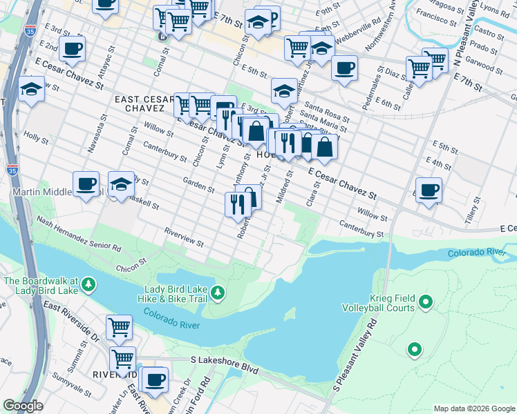map of restaurants, bars, coffee shops, grocery stores, and more near 2114 Garden Street in Austin