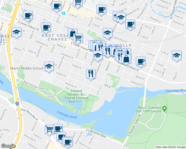 map of restaurants, bars, coffee shops, grocery stores, and more near 2114 Garden Street in Austin