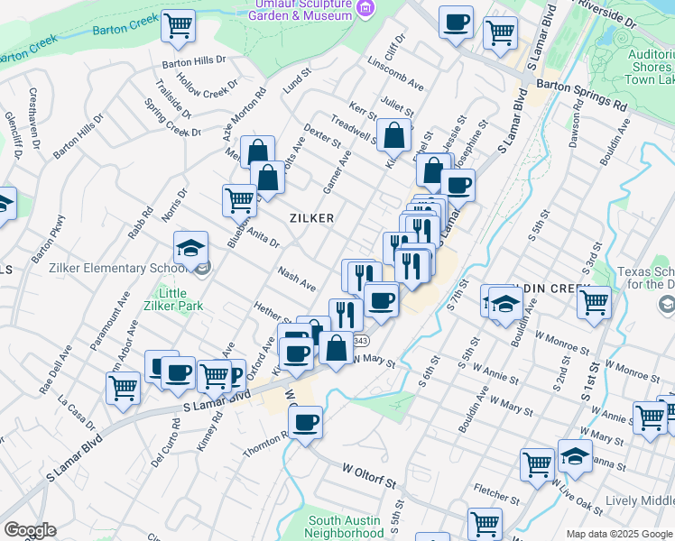 map of restaurants, bars, coffee shops, grocery stores, and more near Kinney Avenue in Austin