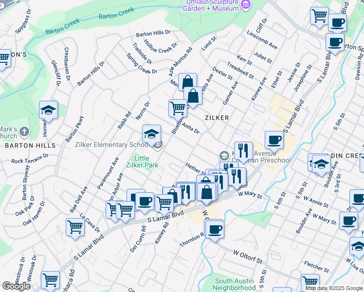 map of restaurants, bars, coffee shops, grocery stores, and more near 1810 Ford Street in Austin