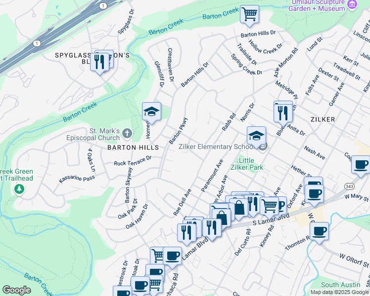 map of restaurants, bars, coffee shops, grocery stores, and more near 2102 Airole Way in Austin