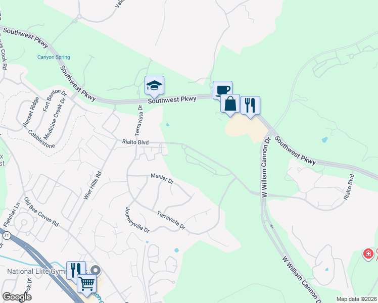 map of restaurants, bars, coffee shops, grocery stores, and more near 7500 Rialto Boulevard in Austin