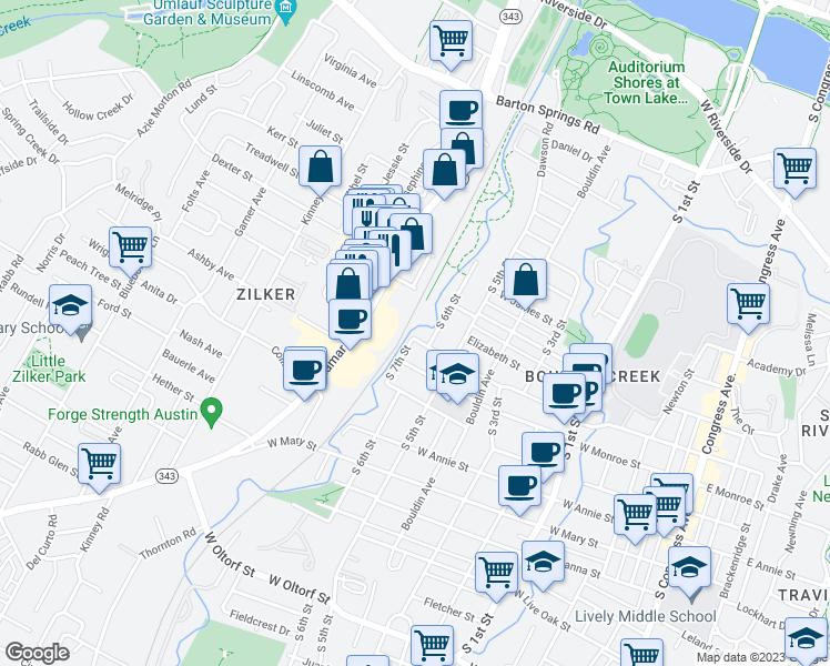 map of restaurants, bars, coffee shops, grocery stores, and more near 1108 Jewell Street in Austin