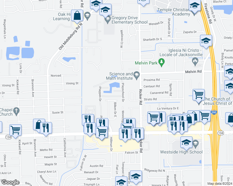 map of restaurants, bars, coffee shops, grocery stores, and more near 7748 Highchair Lane in Jacksonville