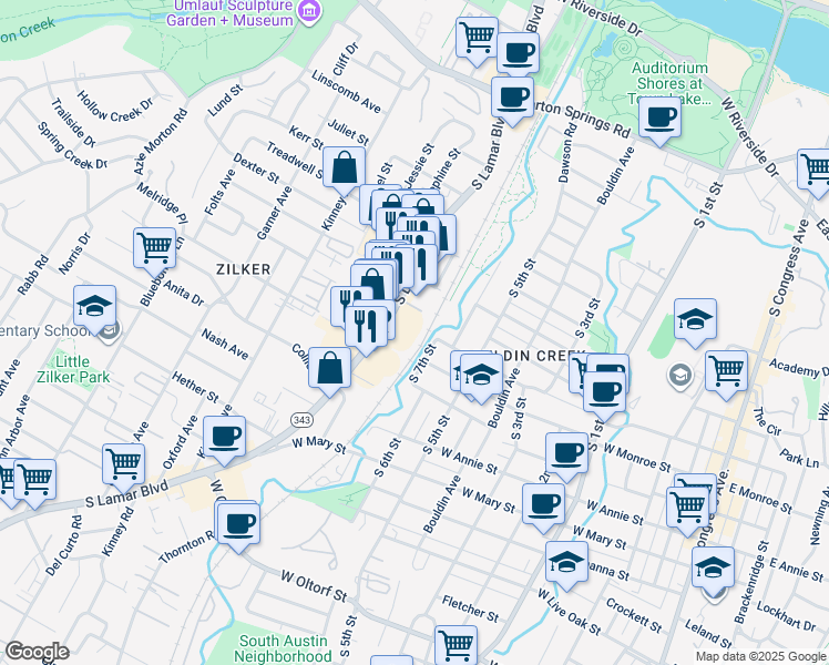 map of restaurants, bars, coffee shops, grocery stores, and more near 1311 South Lamar Boulevard in Austin