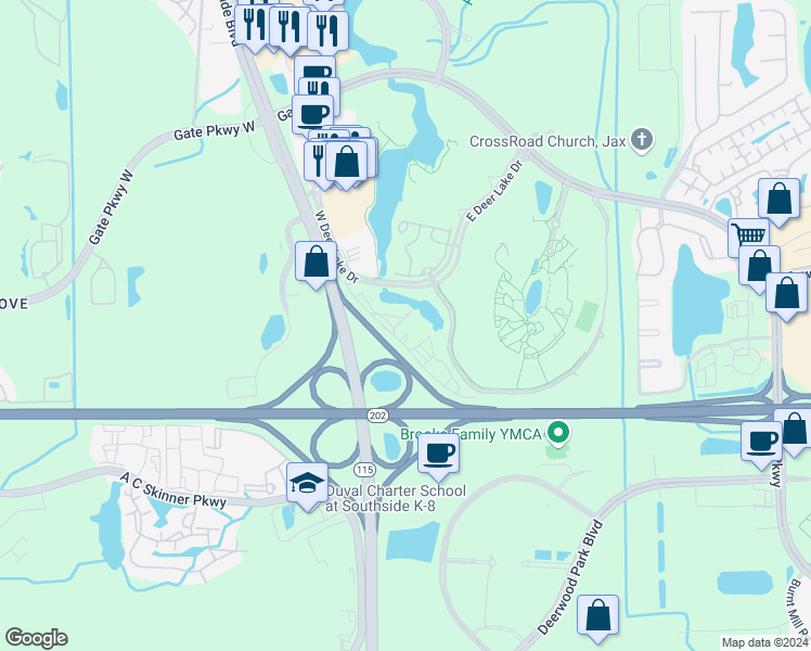 map of restaurants, bars, coffee shops, grocery stores, and more near 4884 East Deer Lake Drive in Jacksonville