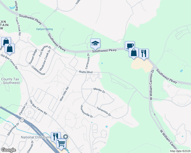 map of restaurants, bars, coffee shops, grocery stores, and more near 7701 Rialto Boulevard in Austin