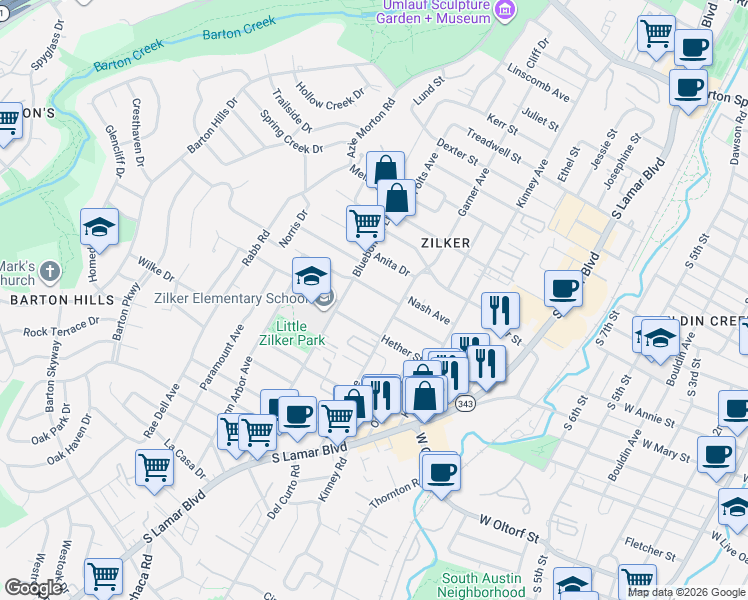 map of restaurants, bars, coffee shops, grocery stores, and more near 1809 Ford Street in Austin
